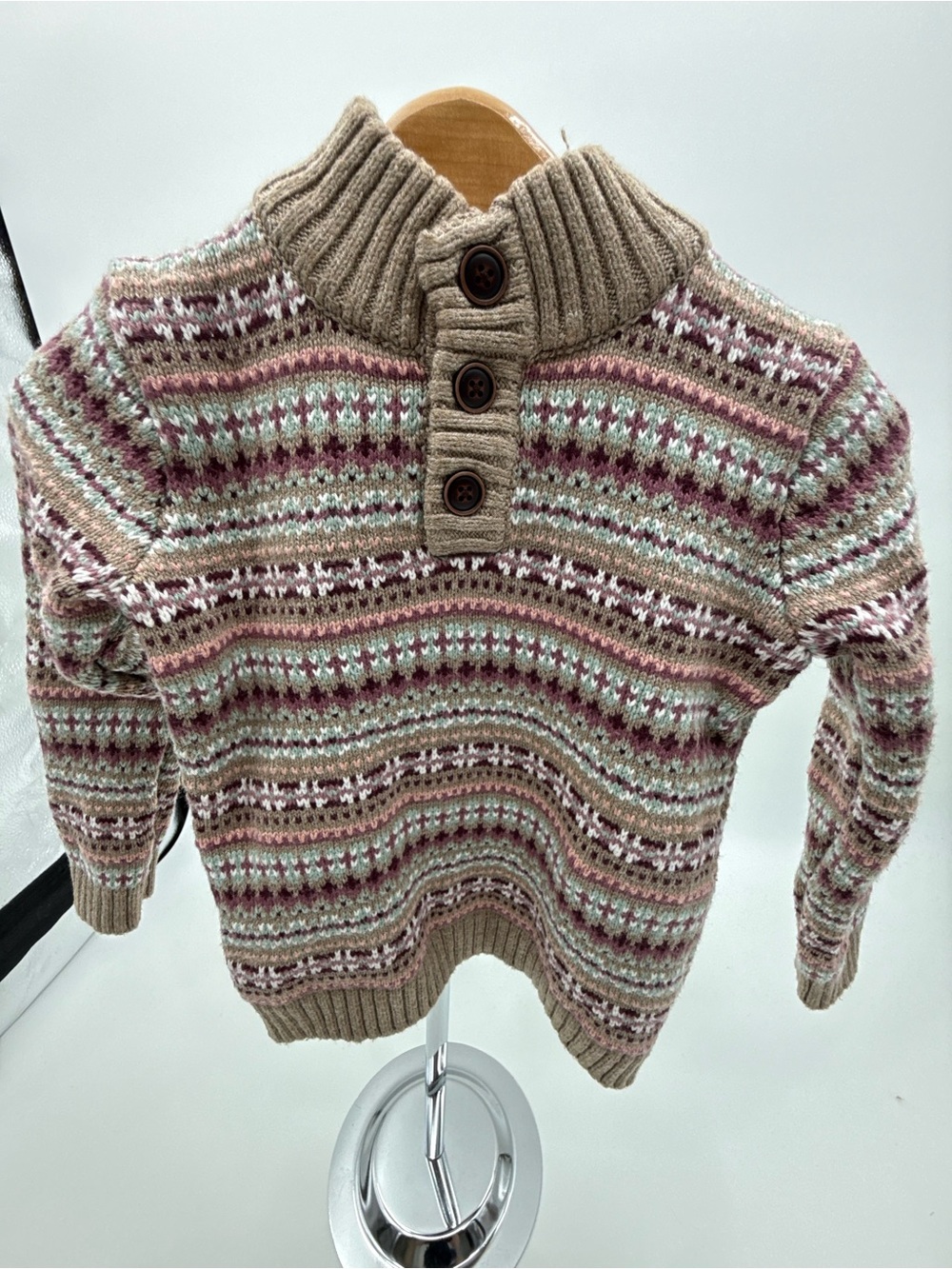 Janie and Jack Boys 2T Fair Isle Sweater Brown Mock Neck Button Cotton Blend
